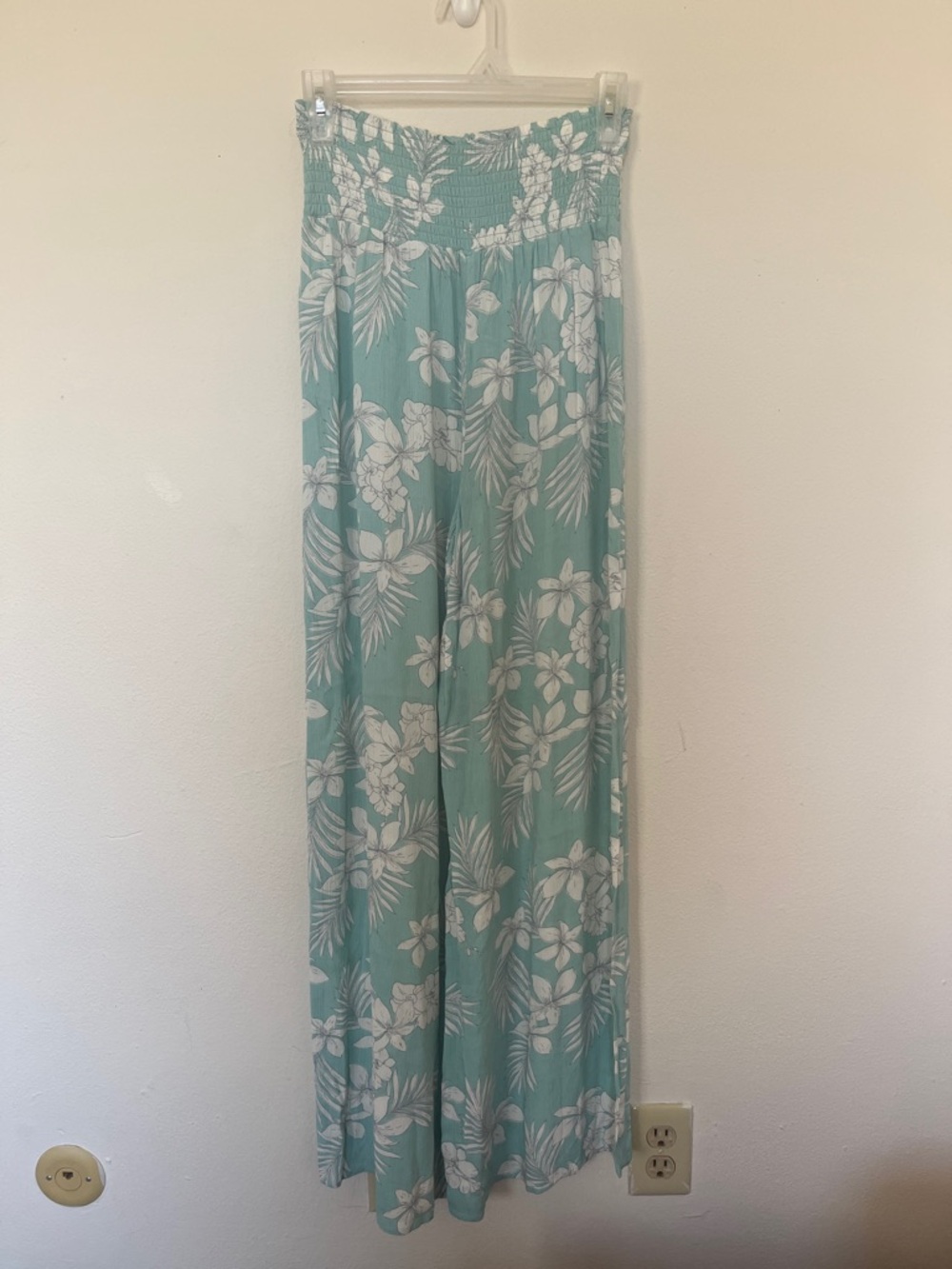 Smocked Waist Tropical Flare Pant in Seafoam Green